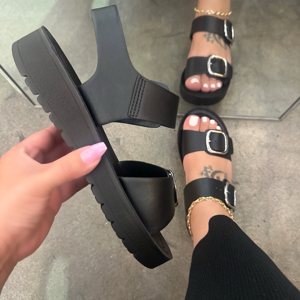 New! Chic Black Adjustable Double Buckle Platform Sandals - Picture 8 of 8